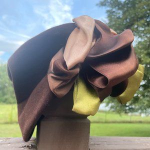 Vintage Brown Felt Maggy Rouff Hat with Silk Ribbon Embellishments